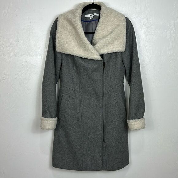 DKNY Wool Blend Asymmetrical Fleece Trimmed Coat In Gray Size 2 - Picture 1 of 13